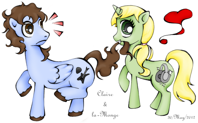 Size: 1434x894 | Tagged: safe, artist:la-monge, derpibooru import, oc, oc:claire anne carr, oc:la-monge, unofficial characters only, pegasus, pony, unicorn, biting, cute, female, frown, grin, heart, looking at you, looking back, male, mare, music notes, raised hoof, raised leg, simple background, smiling, stallion, surprised, tail bite, text, transparent background, wide eyes