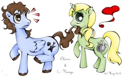 Size: 1434x894 | Tagged: safe, artist:la-monge, derpibooru import, oc, oc:claire anne carr, oc:la-monge, unofficial characters only, pegasus, pony, unicorn, biting, cute, female, frown, grin, heart, looking at you, looking back, male, mare, music notes, raised hoof, raised leg, simple background, smiling, stallion, surprised, tail bite, text, transparent background, wide eyes