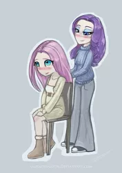 Size: 421x596 | Tagged: artist:saurabhinator, blushing, clothes, derpibooru import, fluttershy, humanized, rarity, safe, skirt