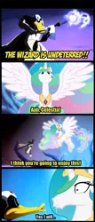 Size: 648x1512 | Tagged: bad edit, crossover, crossover shipping, daffy duck, daffy duck the wizard, derpibooru import, drool, edit, looney tunes, merrie melodies, princess celestia, princess molestia, safe, screencap, the looney tunes show