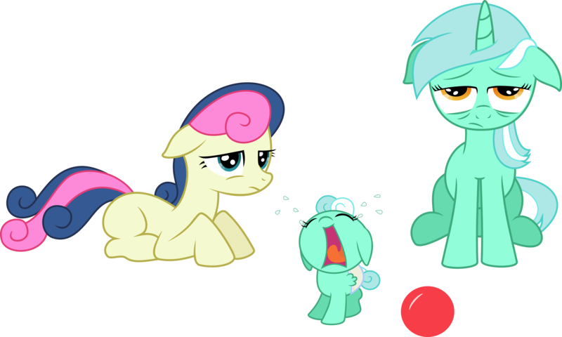 Size: 8483x5092 | Tagged: safe, artist:baka-neku, derpibooru import, bon bon, lyra heartstrings, sweetie drops, oc, oc:sweet song, pony, absurd resolution, baby, baby pony, ball, blank flank, crying, female, foal, lesbian, lyrabon, magical lesbian spawn, offspring, parent:bon bon, parent:lyra heartstrings, parents:lyrabon, shipping, simple background, tired, transparent background, vector