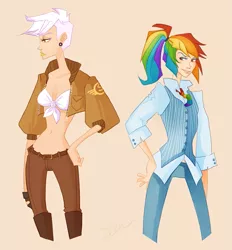 Size: 873x940 | Tagged: artist:crystallizedtwilight, bandeau, bomber jacket, clothes, derpibooru import, front knot midriff, gilda, gloves, humanized, midriff, necktie, ponytail, rainbow dash, safe, vest