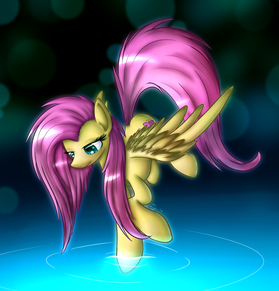 Size: 1900x1984 | Tagged: safe, artist:n1de, derpibooru import, fluttershy, pegasus, pony, female, glow, looking at something, looking down, mare, solo, spread wings, three quarter view, touch, water, wings