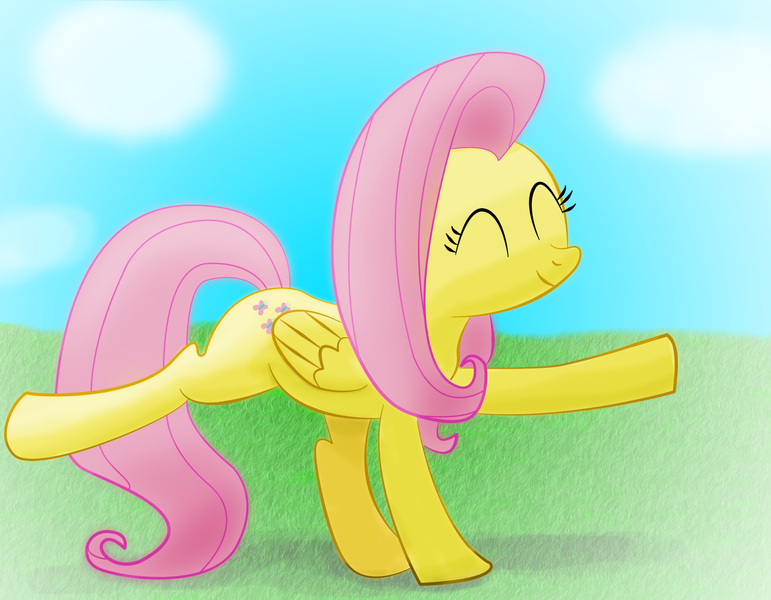 Size: 2250x1750 | Tagged: safe, artist:ciscoql, derpibooru import, fluttershy, pegasus, pony, dancing, eyes closed, female, folded wings, grass field, mare, outdoors, raised hoof, raised leg, smiling, solo, wings