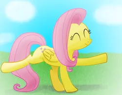 Size: 2250x1750 | Tagged: safe, artist:ciscoql, derpibooru import, fluttershy, pegasus, pony, dancing, eyes closed, female, folded wings, grass field, mare, outdoors, raised hoof, raised leg, smiling, solo, wings