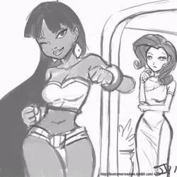 Size: 800x800 | Tagged: artist:johnjoseco, bandeau, belly button, bracelet, breasts, chel, crossover, derpibooru import, female, females only, grayscale, human, humanized, midriff, monochrome, rarity, source needed, suggestive, the road to el dorado, useless source url