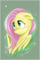 Size: 600x905 | Tagged: safe, artist:mrkillcheese, derpibooru import, fluttershy, pegasus, pony, blushing, bust, female, floppy ears, looking at something, looking away, mare, portrait, solo, three quarter view