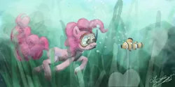 Size: 1136x566 | Tagged: artist:malicieuxx, derpibooru import, diving, fish, goggles, pinkie pie, safe, snorkel, swimming goggles, underwater