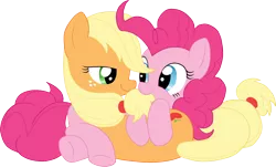 Size: 1302x784 | Tagged: applejack, applepie, artist:stupidlittlecreature, derpibooru import, eye contact, female, lesbian, pinkie pie, safe, shipping, side, simple background, transparent background, vector