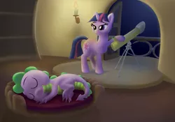 Size: 2649x1857 | Tagged: artist:odooee, derpibooru import, safe, sleeping, spike, telescope, twilight sparkle