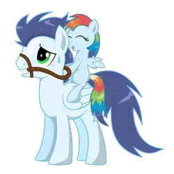 Size: 889x889 | Tagged: artist:isegrim87, bridle, derpibooru import, father and daughter, oc, oc:ragtag, offspring, parent:rainbow dash, parent:soarin', parents:soarindash, ponies riding ponies, reins, safe, simple background, soarin', sweat, transparent background