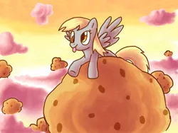 Size: 1024x768 | Tagged: safe, artist:gachucho, derpibooru import, derpy hooves, pegasus, pony, cloud, cloudy, female, giant muffin, mare, muffin