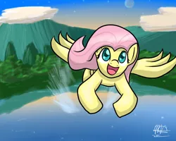 Size: 1280x1024 | Tagged: safe, artist:mister-markers, derpibooru import, fluttershy, pegasus, pony, female, flying, lake, looking up, mare, moon, mountain, open mouth, outdoors, smiling, solo, spread wings, wings