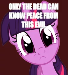 Size: 851x938 | Tagged: safe, derpibooru import, twilight sparkle, pony, unicorn, :c, caption, female, frown, funny, horrified, image macro, looking at you, mare, only the dead can know peace from this evil, red background, simple background, solo, text