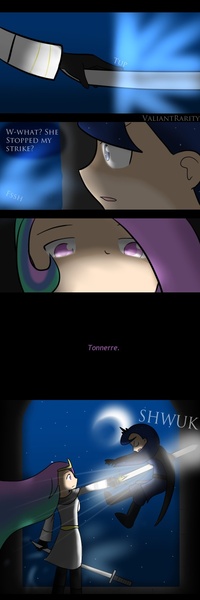 Size: 500x1500 | Tagged: artist:valiantrarity, clothes, comic, crescent moon, derpibooru import, female, fight, human, humanized, impalement, moon, princess celestia, princess luna, semi-grimdark, sword, weapon