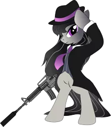 Size: 1146x1300 | Tagged: safe, artist:shysolid, derpibooru import, octavia melody, pony, ar15, bipedal, clothes, gun, mafia octavia, rifle, suit, suppressor, weapon, who needs trigger fingers