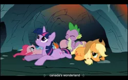 Size: 960x600 | Tagged: a dog and pony show, applejack, canada, caption, derpibooru import, edit, edited screencap, fluttershy, pinkie pie, rainbow dash, safe, screencap, spike, twilight sparkle, youtube caption