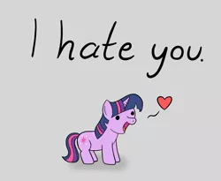 Size: 1268x1042 | Tagged: safe, artist:mr-1, derpibooru import, twilight sparkle, pony, unicorn, dialogue, gray background, hate, heart, i hate you, open mouth, simple background, smiling, solo