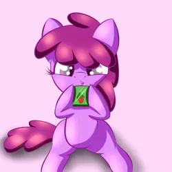 Size: 2000x2000 | Tagged: safe, artist:goldenmercurydragon, derpibooru import, berry punch, berryshine, berrybetes, cute, daaaaaaaaaaaw, filly, high res, juice box, pink background, simple background, sitting, solo