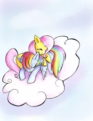 Size: 600x776 | Tagged: safe, artist:butterscotch25, derpibooru import, fluttershy, rainbow dash, cloud, female, flutterdash, lesbian, shipping, sleeping