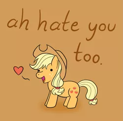 Size: 981x971 | Tagged: safe, artist:mr-1, derpibooru import, edit, applejack, earth pony, pony, hate, heart, i hate you, simple background, smiling, solo