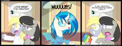 Size: 1875x712 | Tagged: safe, artist:eljonek, artist:epulson, derpibooru import, derpy hooves, octavia melody, vinyl scratch, changeling, earth pony, pegasus, pony, comic, female, mare, no pupils, science, what has science done, wub