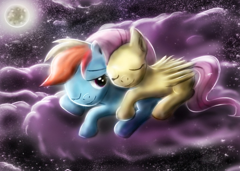 Size: 1400x1000 | Tagged: artist:sunegem, cloud, cloudy, cuddling, derpibooru import, fluttershy, hug, moon, night, rainbow dash, safe, sleeping, snuggling, stars