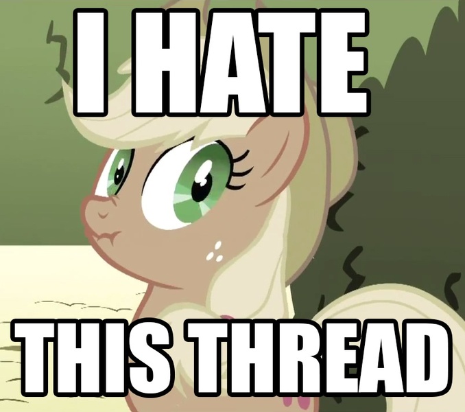 Size: 803x711 | Tagged: applejack, derpibooru import, image macro, liar face, liarjack, lying, safe, scrunchy face, solo, thread