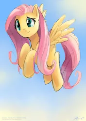 Size: 2480x3507 | Tagged: safe, artist:moxie2d, derpibooru import, fluttershy, pegasus, pony, female, flying, high res, mare, sky, solo