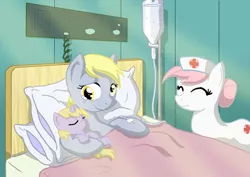 Size: 1400x990 | Tagged: safe, artist:muffinshire, derpibooru import, derpy hooves, dinky hooves, nurse redheart, pony, baby, baby pony, foal, hospital, iv drip, newborn