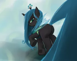 Size: 2041x1636 | Tagged: suggestive, artist:fictivetriad, derpibooru import, queen chrysalis, changeling, changeling queen, nymph, abstract background, bugbutt, chubby, female, image, jpeg, looking at you, looking back, no mouth, plot, raised hoof, signature, slit eyes, solo, solo female, standing, younger
