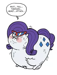 Size: 390x512 | Tagged: artist:krampuskind, blushing, derpibooru import, fat, glasses, heart attack, impossibly large butt, morbidly obese, obese, raritubby, rarity, safe, sweat, weight gain