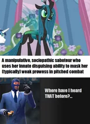 Size: 623x855 | Tagged: safe, derpibooru import, edit, edited screencap, screencap, queen chrysalis, changeling, changeling queen, human, a canterlot wedding, female, image, jpeg, meta, spy, team fortress 2, text