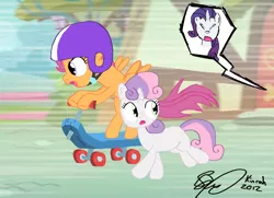 Size: 1595x1157 | Tagged: safe, artist:kinrah, derpibooru import, rarity, scootaloo, sweetie belle, pegasus, pony, unicorn, angry, eyes closed, female, filly, looking back, mare, offscreen character, running, scooter, signature, speed lines