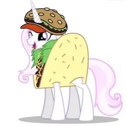 Size: 426x426 | Tagged: safe, artist:mixermike622, derpibooru import, fleur-de-lis, pony, burger, costume, food, happy, hat, silly, silly pony, smiling, solo, taco