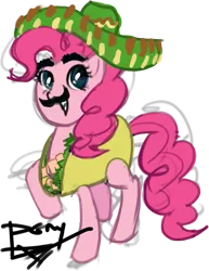 Size: 675x876 | Tagged: costume, derpibooru import, hat, moustache, pinkie pie, safe, simple background, solo, sombrero, taco, transparent background