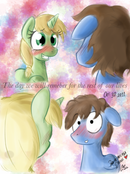 Size: 1536x2048 | Tagged: safe, artist:claireannecarr, derpibooru import, oc, oc:claire anne carr, oc:la-monge, pegasus, pony, unicorn, abstract background, blushing, cute, eye contact, female, grin, heart, looking at each other, love, male, mare, raised hoof, smiling, squee, stallion, wide eyes