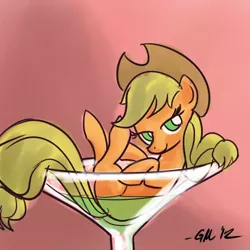 Size: 640x640 | Tagged: safe, artist:giantmosquito, derpibooru import, applejack, pony, appletini, cup of pony, drink, food, looking at you, micro, solo