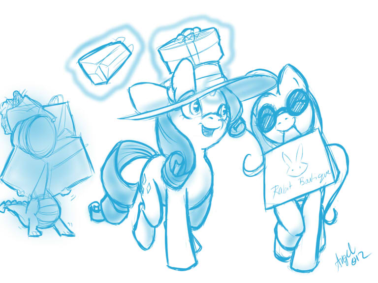 Size: 768x576 | Tagged: artist:angelemlin, derpibooru import, fluttershy, monochrome, rarity, safe, shopping, spike, sunglasses