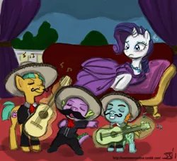 Size: 1000x909 | Tagged: safe, artist:johnjoseco, derpibooru import, rarity, snails, snips, spike, band, clothes, colored, costume, dress, eyes closed, female, guitar, hat, magic, male, mariachi, musical instrument, necklace, shipping, sparity, straight, telekinesis