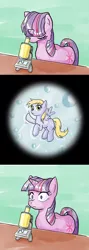 Size: 500x1400 | Tagged: safe, artist:muffinshire, derpibooru import, derpy hooves, twilight sparkle, pegasus, pony, comic, female, mare, micro, microscope, microscopic, surprised, tiny, wat, waving, wide eyes