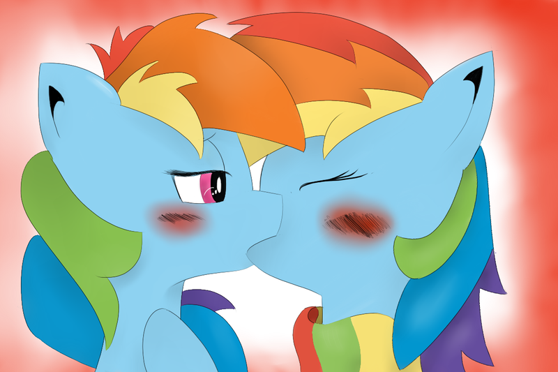 Size: 1200x800 | Tagged: source needed, suggestive, artist:rd-likes-steroids, derpibooru import, rainbow dash, pegasus, pony, blushing, dashdash, eyes closed, eyes open, female, kissing, lesbian, mare, selfcest, shipping