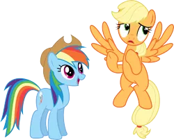 Size: 7769x6265 | Tagged: safe, artist:mysteriouskaos, derpibooru import, applejack, rainbow dash, earth pony, pegasus, pony, absurd resolution, accessory swap, earth pony rainbow dash, flapplejack, hatless, missing accessory, race swap, simple background, transparent background, vector