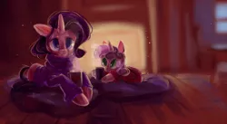 Size: 2779x1528 | Tagged: artist:iamthecowboysmuggler, clothes, derpibooru import, fireplace, mug, rarity, safe, sweater, sweetie belle