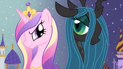 Size: 1920x1080 | Tagged: safe, artist:oemilythepenguino, derpibooru import, princess cadance, queen chrysalis, alicorn, changeling, changeling queen, pony, bust, canterlot, duo, duo female, female, floppy ears, frown, image, lidded eyes, looking at each other, mare, night, png, signature, slit eyes, smiling, starry night, stars, wallpaper