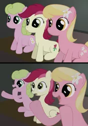 Size: 1014x1450 | Tagged: 4koma, artist:why485, ask the flower trio, comic, daisy, derpibooru import, exploitable meme, flower trio, flower wishes, lily, lily valley, reaction guys, reaction ponies, roseluck, safe