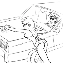 Size: 1000x1000 | Tagged: suggestive, artist:7nights, derpibooru import, applejack, rainbow dash, human, applebutt, appledash, ass, bikini, breasts, car, car wash, clothes, daisy dukes, dat butt, female, humanized, lesbian, lesbian carwash, monochrome, shipping, sunglasses, swimsuit, wedgie