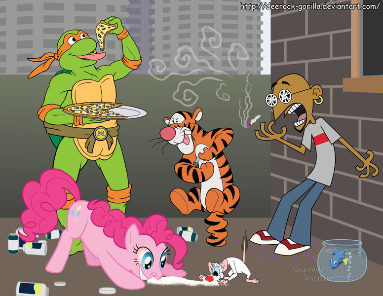 Size: 1100x850 | Tagged: artist:deerock-gorilla, cigarette, clone high, cocaine, crossover, derpibooru import, dory, drugs, finding nemo, gandhi, heroin, junkie pie, michelangelo, pinkie pie, pinky, pinky and the brain, raisins, safe, teenage mutant ninja turtles, tigger, winnie the pooh