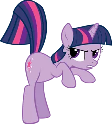 Size: 3615x4000 | Tagged: safe, artist:scotch208, derpibooru import, twilight sparkle, pony, unicorn, feeling pinkie keen, annoyed, female, image, looking at tail, mare, png, raised tail, rearing, simple background, solo, tail, transparent background, unicorn twilight, vector