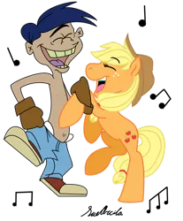 Size: 500x604 | Tagged: artist needed, safe, derpibooru import, applejack, human, pony, bipedal, bipedal leaning, cartoon, clothes, crossover, dancing, ed edd n eddy, eyes closed, gloves, jeans, leaning, music notes, pants, partial nudity, rolf, shoes, simple background, smiling, sneakers, that's my horse, topless